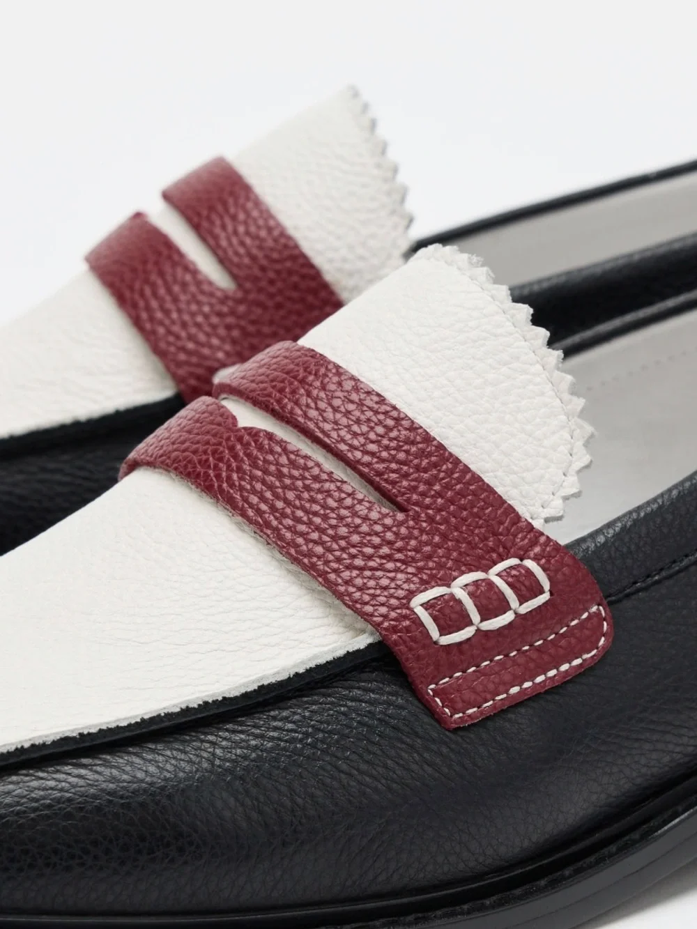 Marc Nolan Men’s Black, White & Burgundy Leather Penny Loafers - Picture 3 of 5